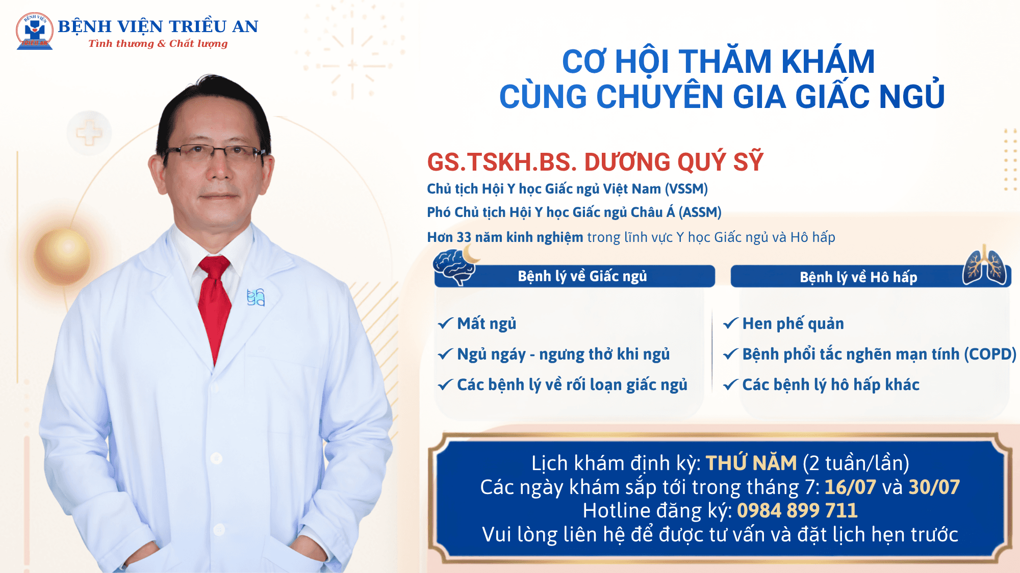 THĂM KHÁM CHUYÊN SÂU CÁC BỆNH LÝ HÔ HẤP VÀ RỐI LOẠN GIẤC NGỦ CÙNG GS.TSKH.BS. DƯƠNG QUÝ SỸ TẠI BỆNH VIỆN TRIỀU AN